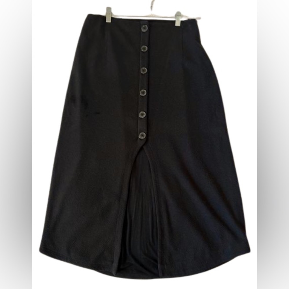 Anthropologie Maeve stretch polyester midi black skirt,half open at front.Size L